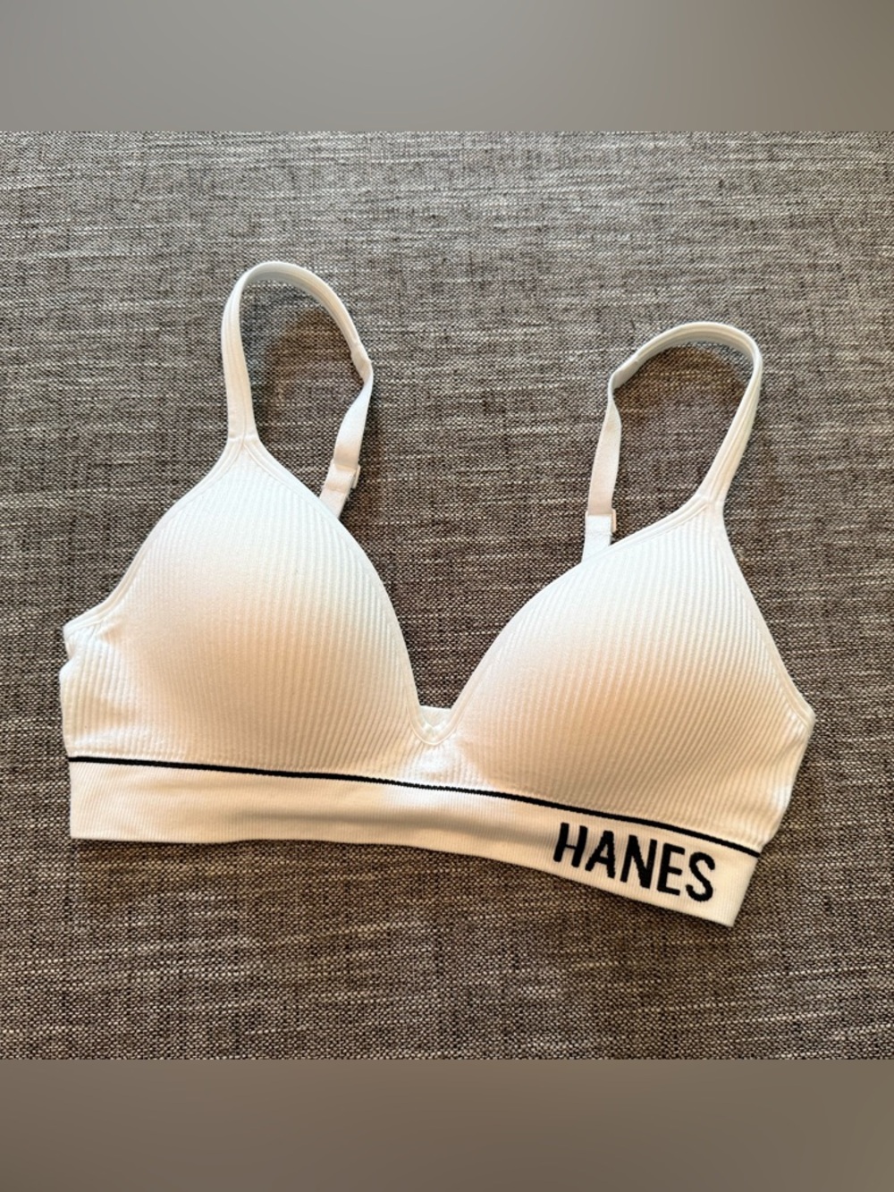 Hanes Ribbed Wireless White Bra with Black Logo